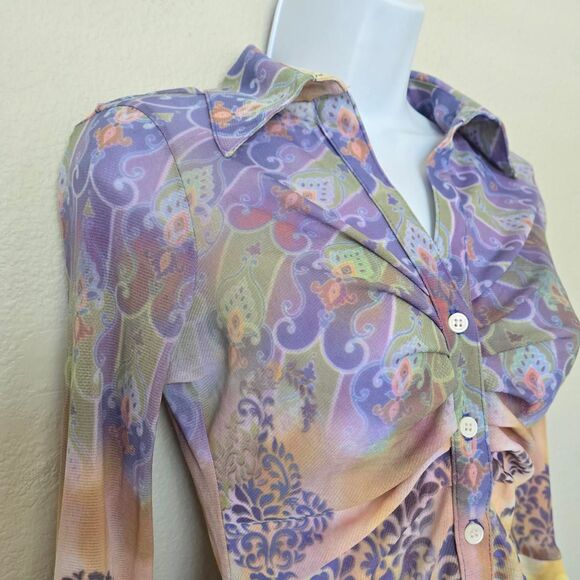 Vintage Y2K Sheer Mesh Bohemian Euro Button Long Sleeve Blouse - Picture 6 of 11